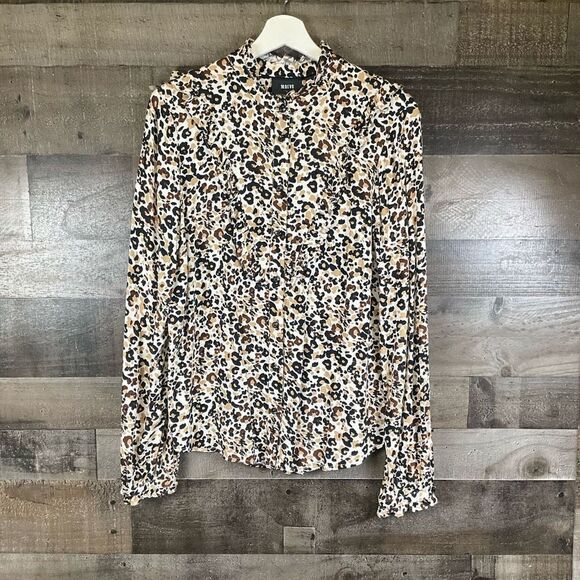 Maeve Anthropologie Women’s Size 10 Button Up Blouse Tan Leopard Print Ruffle - Picture 1 of 9